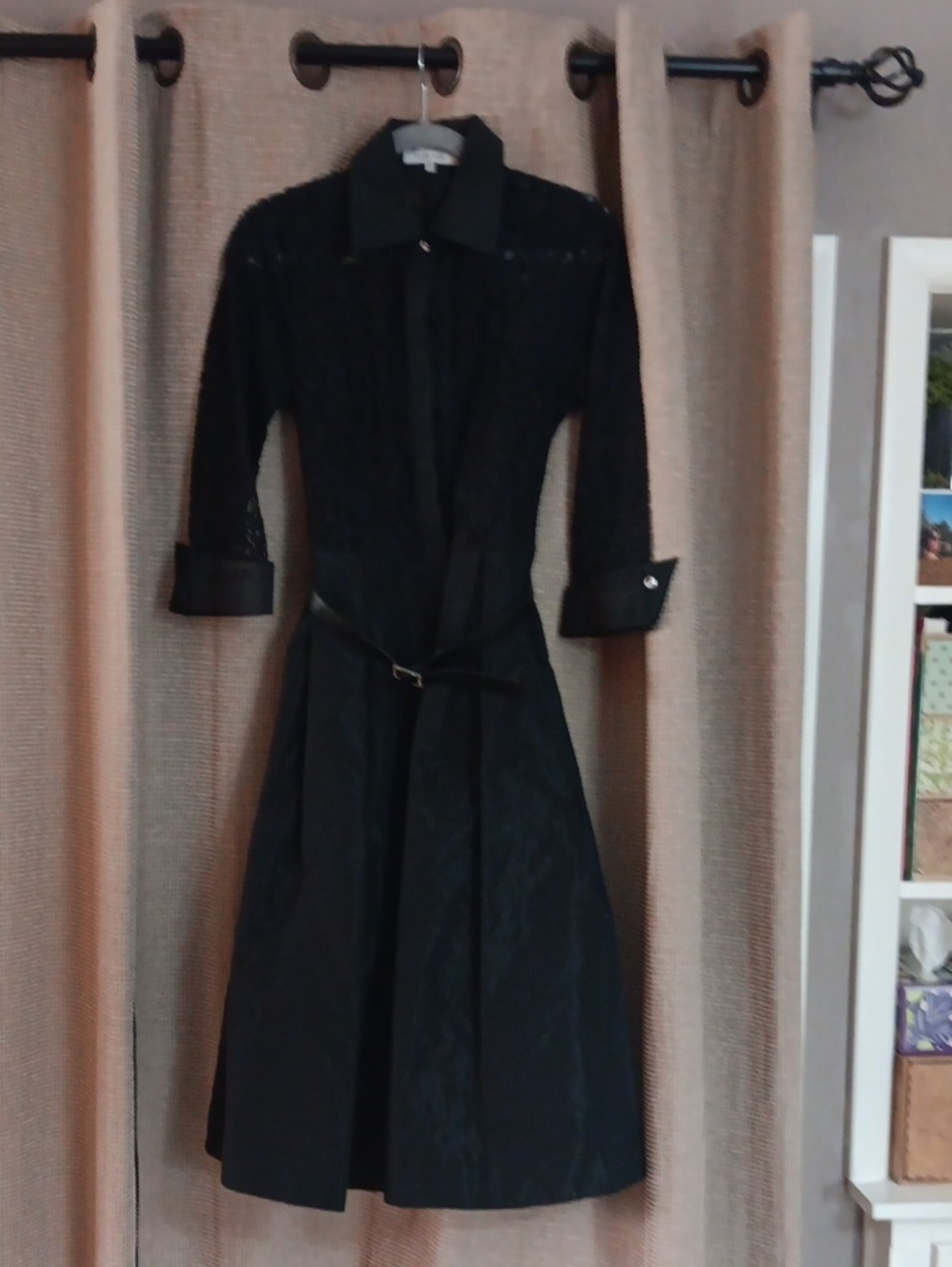 Teri Jon Black Collared Long Sleeve Belted Dress